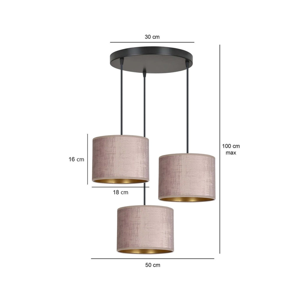 Set di lampade a sospensione Hilde in acciaio e velluto rosa
