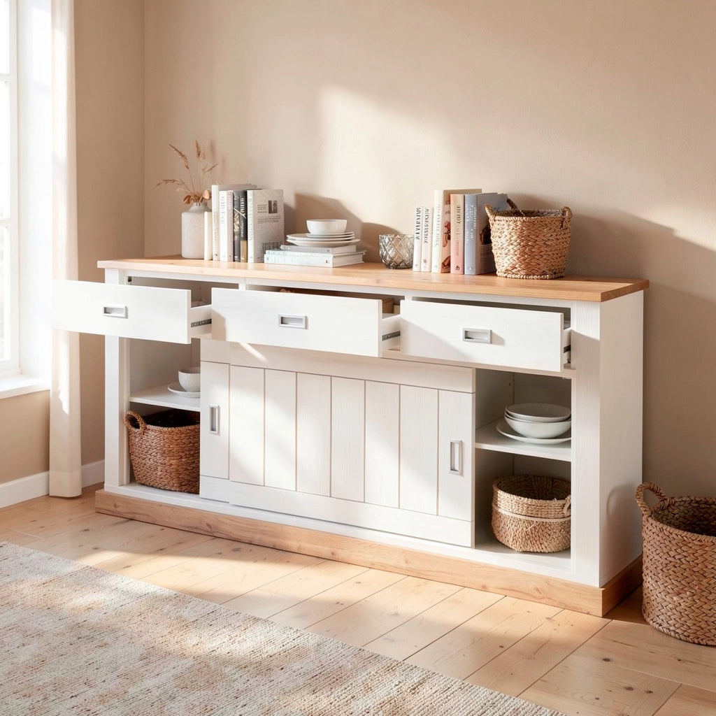 Madia Credenza Con 3 Cassetti 2 Ante Scorrevoli E 4 Ripiani Interni Mobile Dispensa Per Cucina Soggiorno Zona Living Design Classico Moderno 220 X 50 X 95 Cm Bianco E Rovere