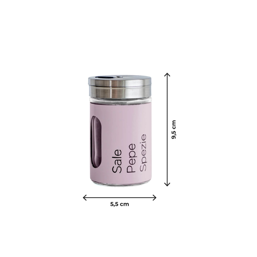 Set 4 Contenitori In Vetro Cucina Portaspezie 90 Ml Con Espositore In Metallo Barattoli Moderni Sale Pepe Rotondi Tappo Girevole Acciaio Per Regolazione Con Moderne Scritte Certificati Contatto Alimentare Glicine