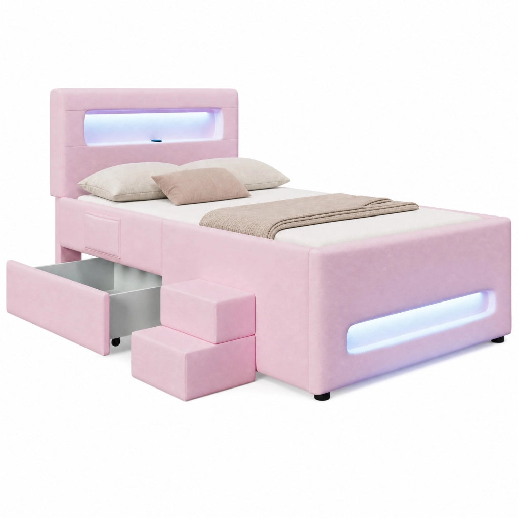 Letto a piattaforma imbottito 90x200 cm con LED; cassetto e rivestimento PU rosa
