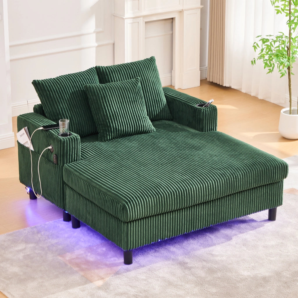 OKWISH Chaise Longue con USB, LED e Portabicchieri, Schienale Ergonomico, Velluto a Coste Smeraldo, 142 × 128 × 85 cm