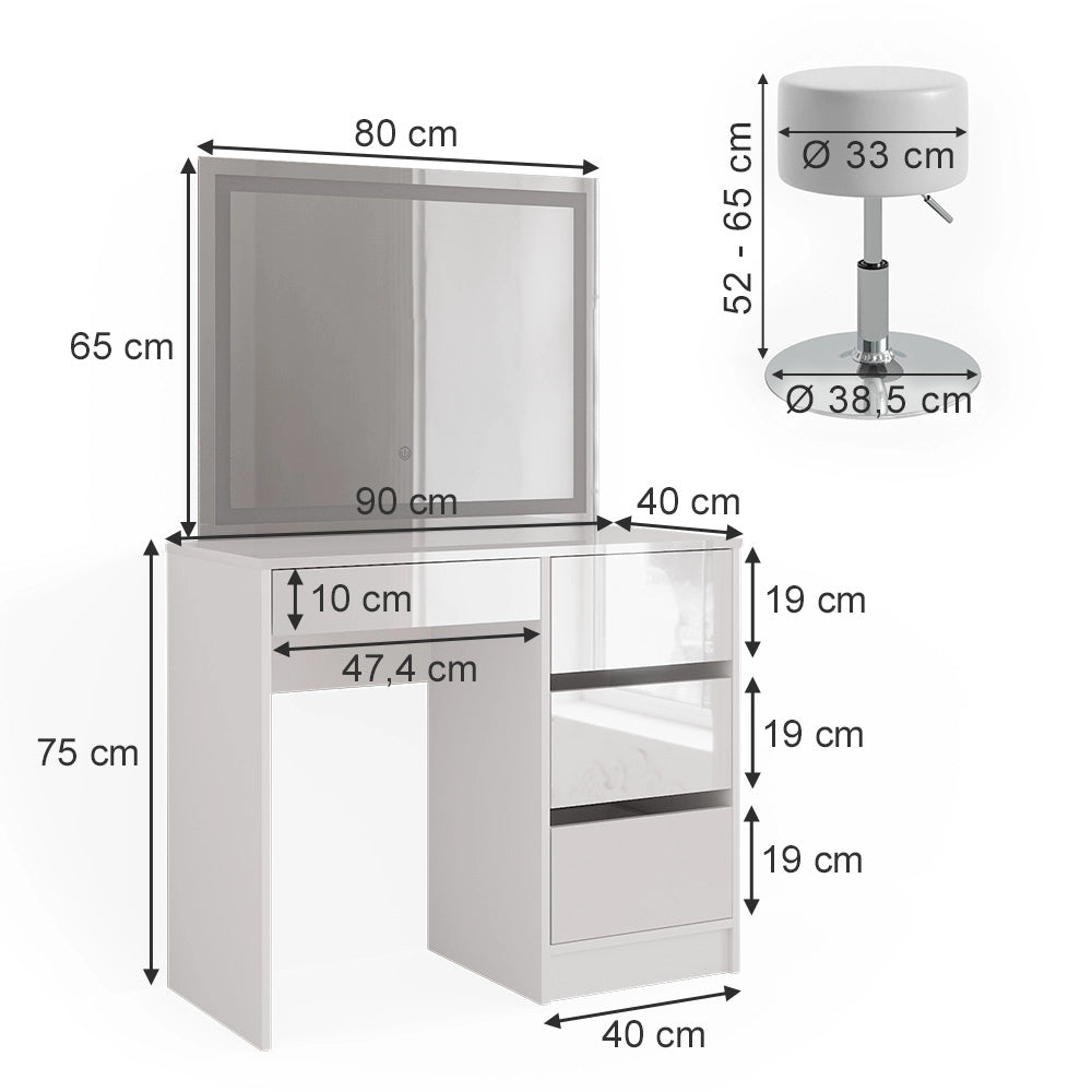 Vicco Tavolo da toeletta Bianco 40 cm con specchio LED e sgabello