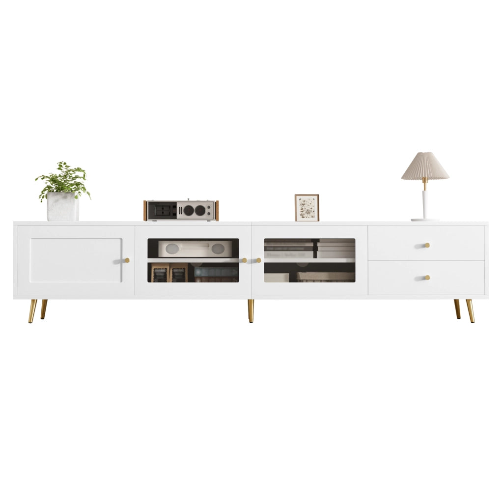 Mobile TV basso moderno con 2 cassetti, 2 ante in vetro e 1 anta, ampio spazio contenitore, bianco, 170¡Á40¡Á28 cm
