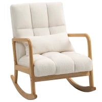Poltrona a Dondolo 90°-130° con Cuscino Lombare rivestita in Tessuto Sherpa, 64.5x82x89 cm, Bianco e color Legno