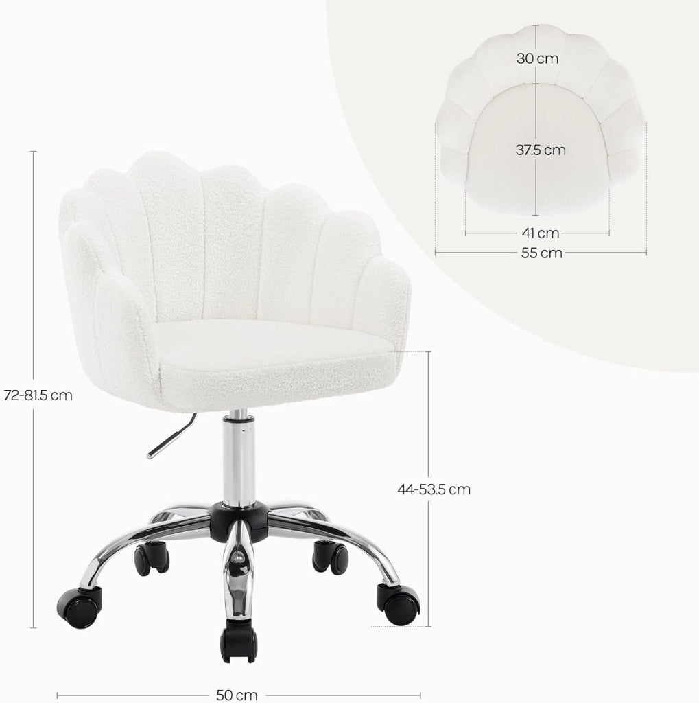 Sedia da Trucco con Schienale a Petalo, Sedia Ufficio con Braccioli e Rotelle, Poltroncina Girevole, Altura Regolabile, Cashmere, Crema