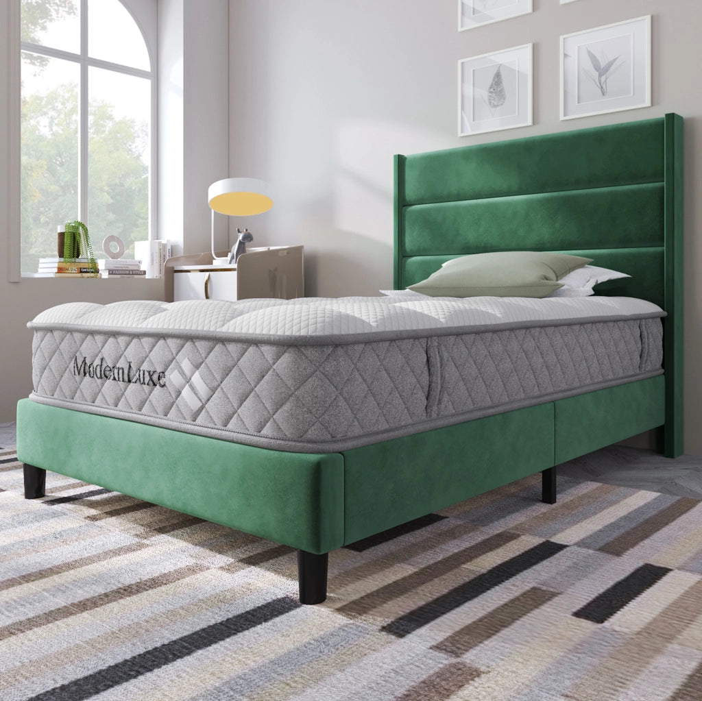 Letto imbottito 90x200 cm con rete a doghe e testiera in velluto verde scuro
