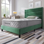 Letto imbottito 90x200 cm con rete a doghe e testiera in velluto verde scuro