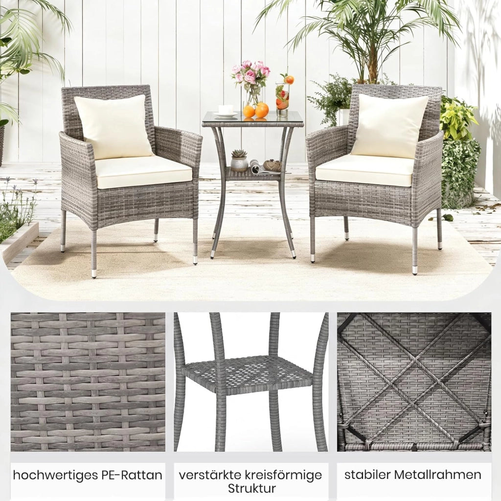 Set Mobili da Balcone 3 Pezzi, Set da Bistrot con Tavolo e 2 Sedie in Rattan con Cuscini, Mobili da Giardino per Balcone e Esterno