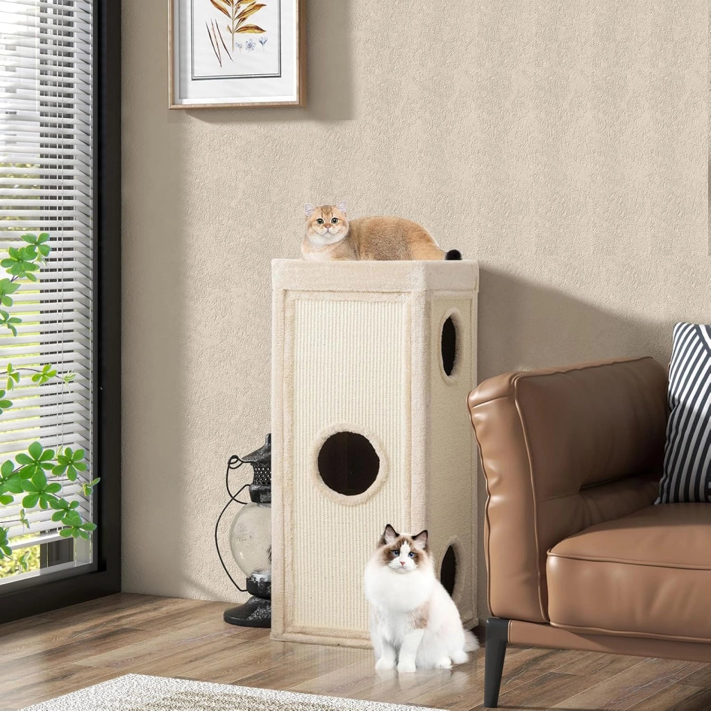 Casa per Gatti a 4 Piani, Condominio per Gatti Alto 99 cm con Trespoli per Graffiare, 3 Nascondigli e 4 Morbidi Cuscini in Peluche, Mobili per Gatti Moderni a Forma di Barile (Naturale)