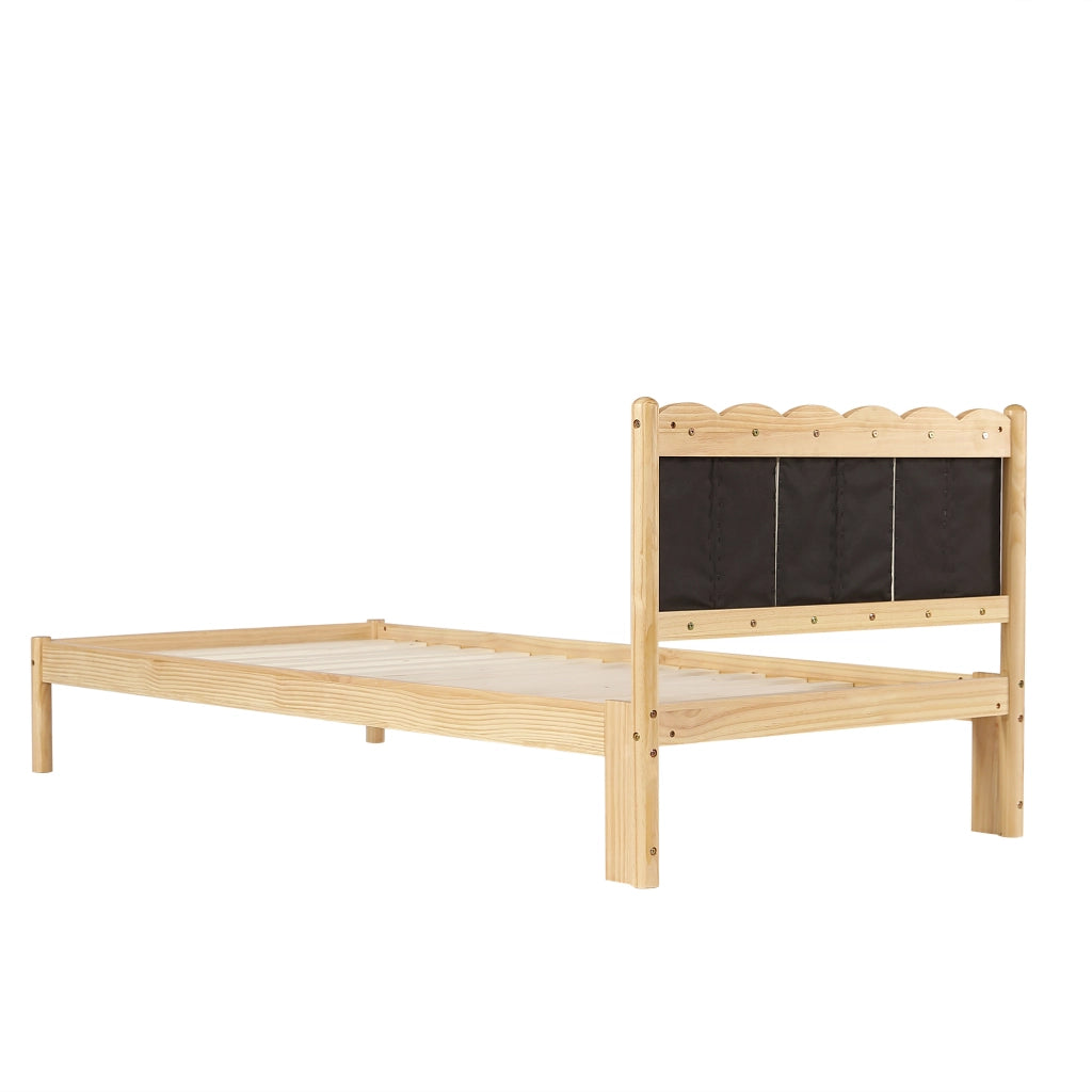 Letto per Bambini 90 x 200 cm - Testiera Imbottita in PU e Doghe in Legno - Beige
