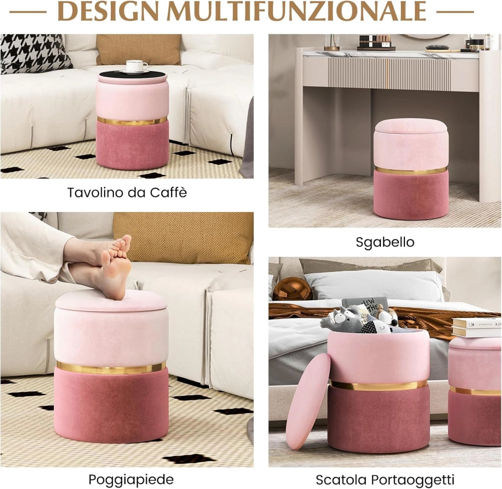Set di 2 Pouf Contenitore in Velluto, Pouf Rotondi Imbottiti da 32L +21L, Sgabelli con Contenitore per Soggiorno, Camera da Letto, Portata 150 kg (Rosa)