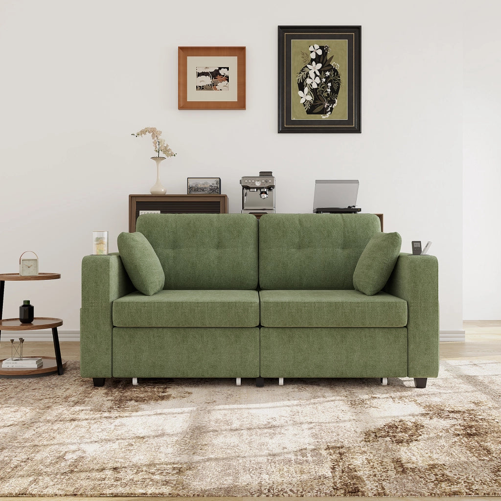 Canapé a due posti con cassetti portaoggetti, porte USB e portabicchieri in chenille oliva 172 × 75 × 82 cm