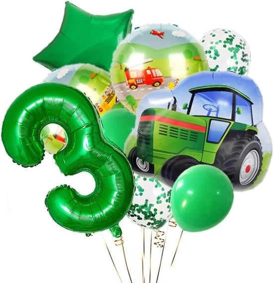 Decorazioni per compleanni per bambini di 3 anni - palloni in foil - trattrici - palloni a elio - palloni verdi - set di 7 palloni