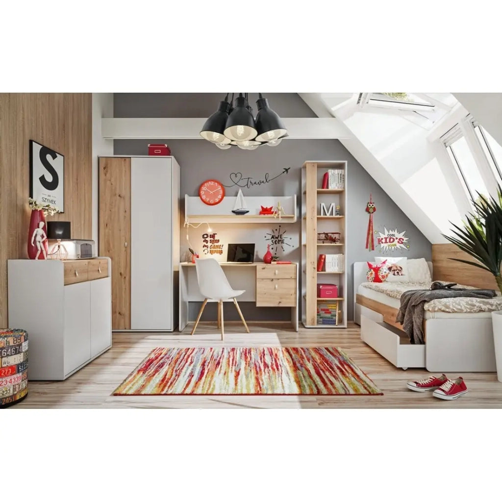 Letto bambino 90x200 collezione BIBOU, color grigio e rovere. Cassetti inclusi