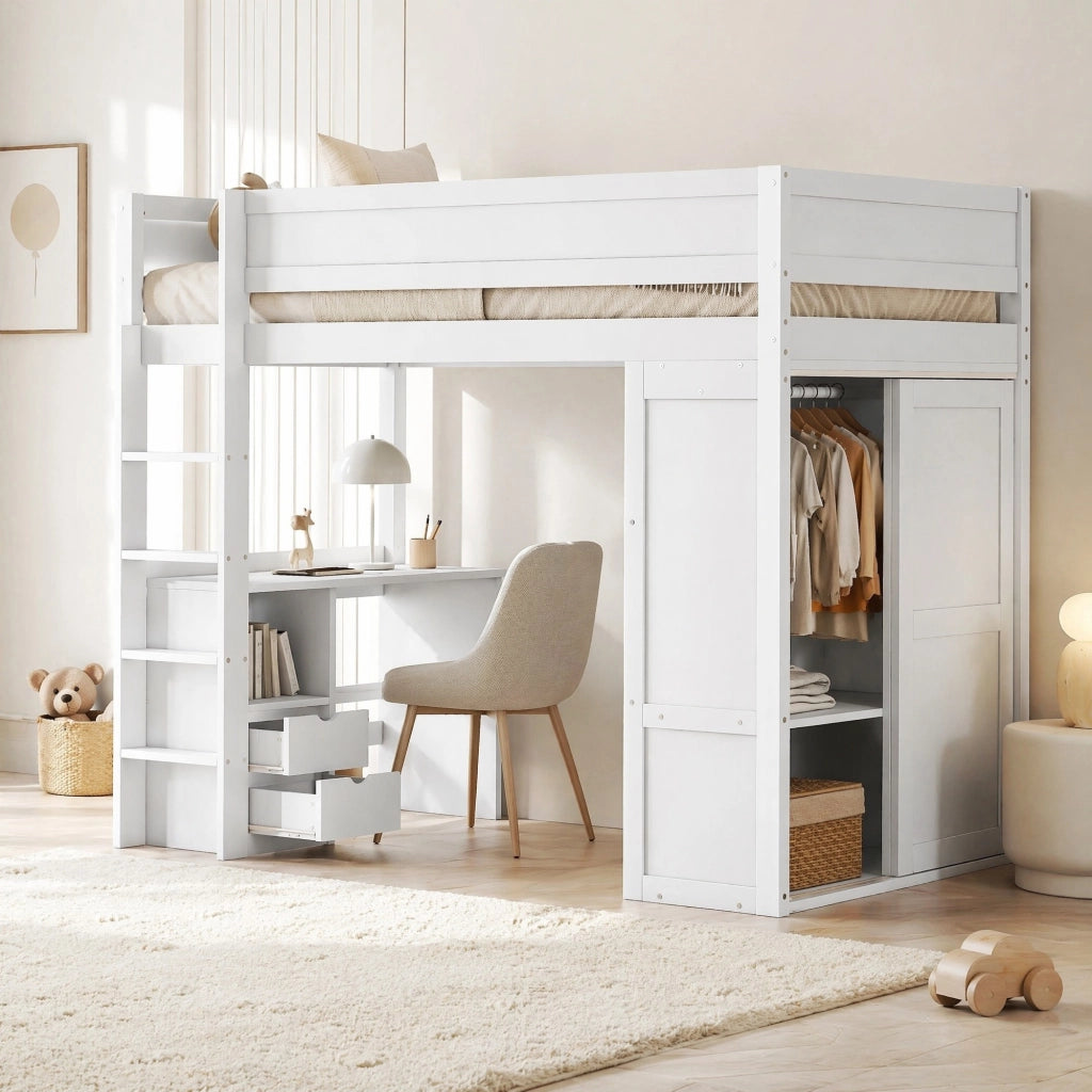 Letto a soppalco per bambini 90x200 cm con scrivania e armadio