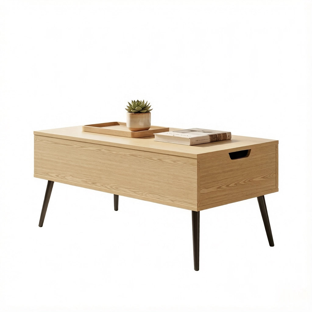 Tavolino da caffè alzabile con 2 vani nascosti; stile moderno; nero e legno naturale; 100 × 50 × 43.6 cm