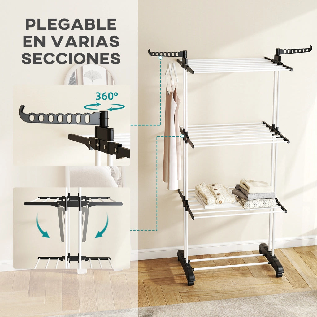 Stendibiancheria Pieghevole con Rotelle 3 Livelli ¨C zephmum ¨C 73x64x172 cm Nero e Bianco