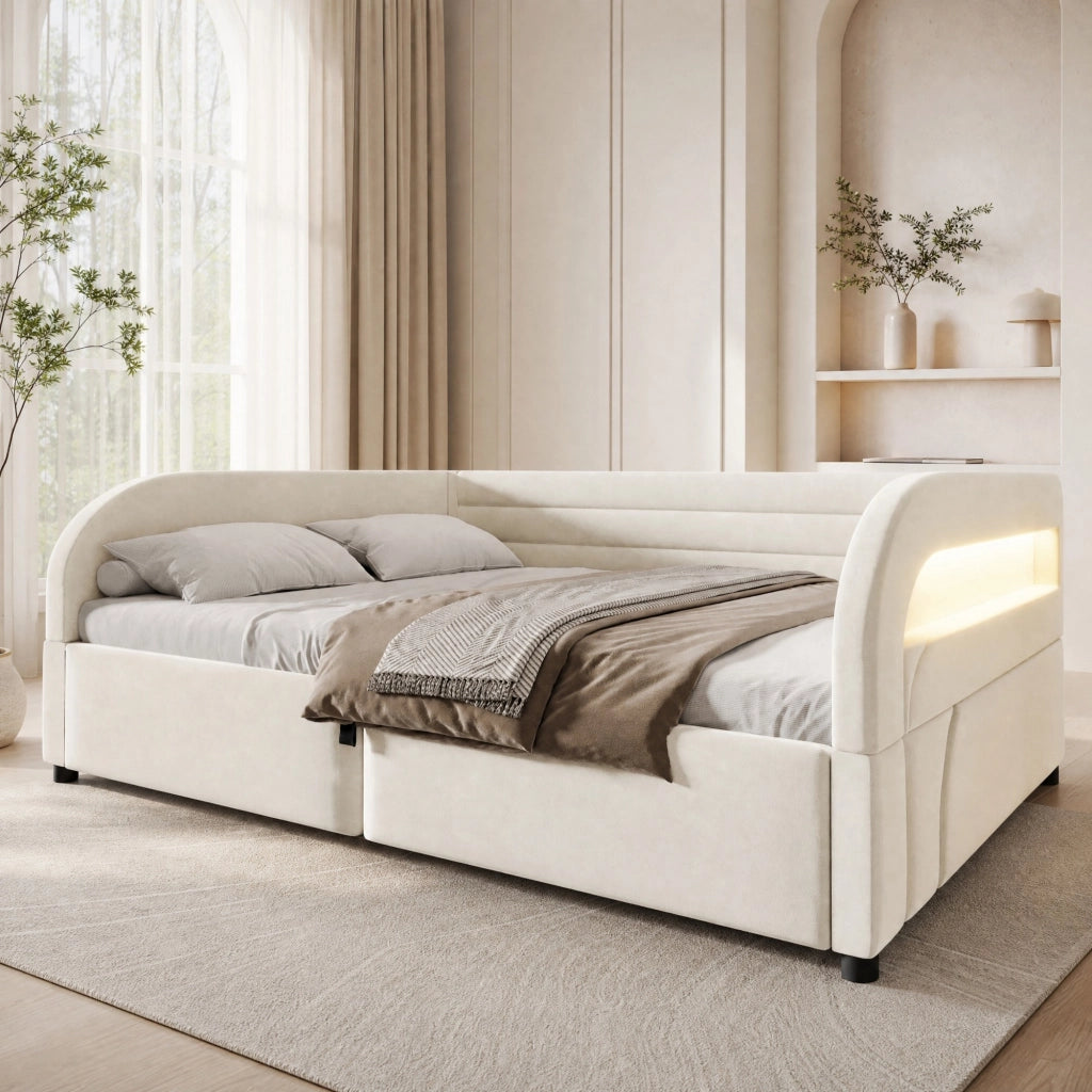 Letto imbottito 140x200 cm con contenitore idraulico e LED; in flanella beige