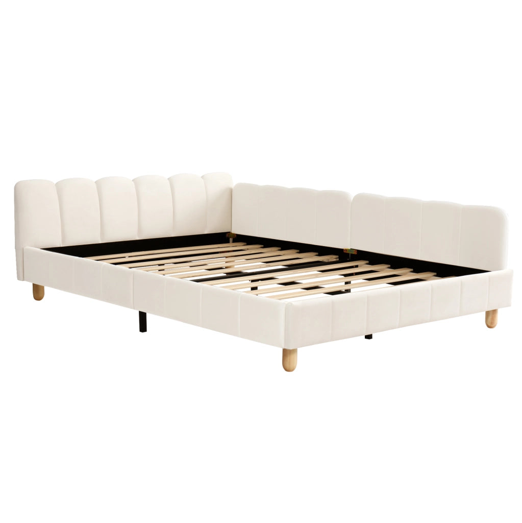 Letto per bambini 140x190 cm in velluto beige con testiera ergonomica e tasche laterali