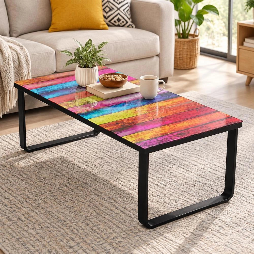 Coffee Table With Glass Top Rainbow Print