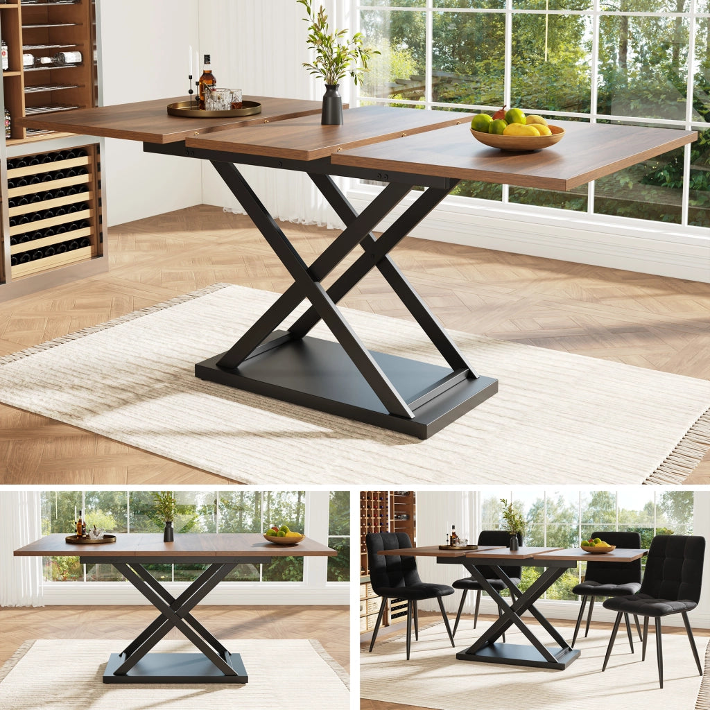 Tavolo da pranzo allungabile con gambe incrociate in metallo, per cucina e soggiorno, noce, 120 × 80 × 75 cm