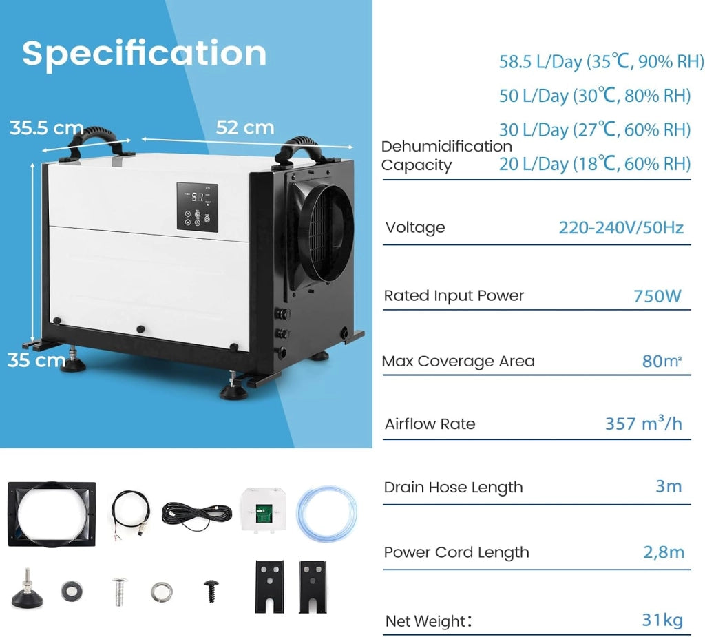 Deumidificatore Elettrico 58,5 L/Giorno, 357 m³/H, Deumidificatore Professionale 3 Modalità, Tubo di Scarico, Filtro Rimovibile, per Cantine, Magazzini, Scantinati (Bianco, 52 X 35,5 X 35 CM)