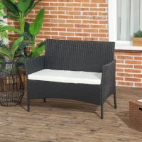 Divano da Giardino a 2 Posti con Cuscino e Braccioli in Rattan PE e Acciaio, 100x54x80cm, Nero
