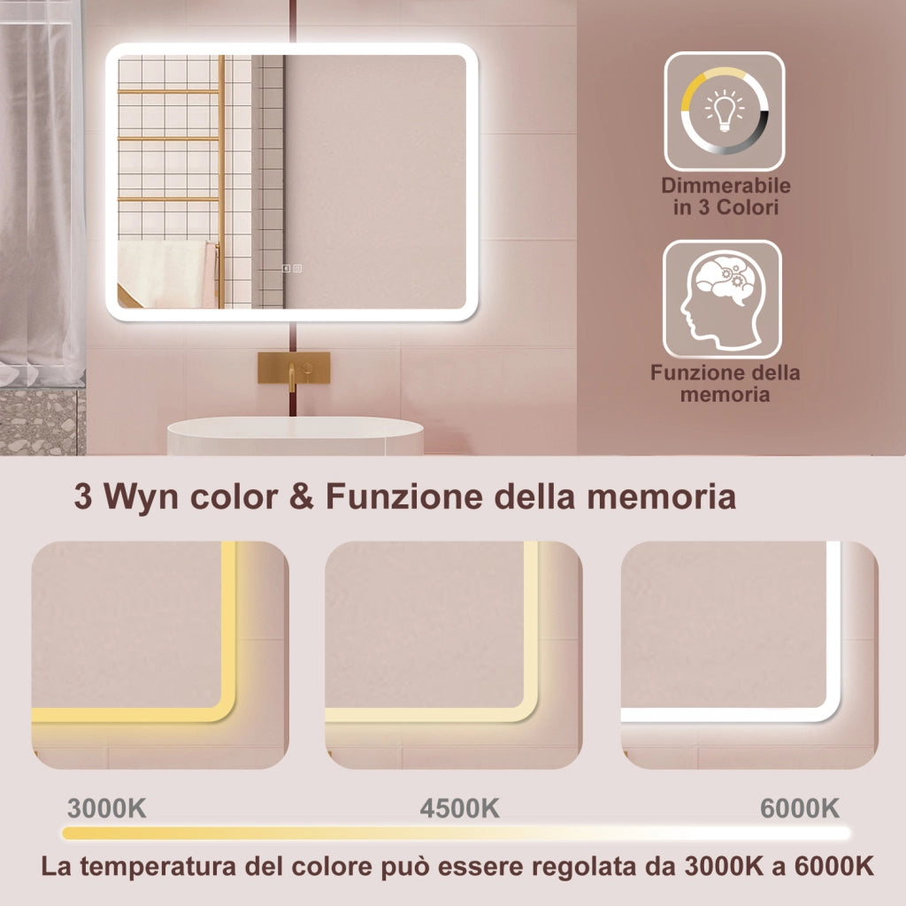 AICA Specchio da bagno  80 x 60 cm, dimmerabile, Blue tooth, Funzione Memoria, antiappannamento, 3 colori