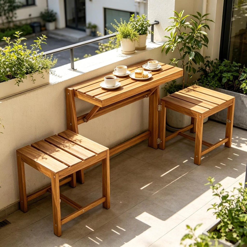3 in 1 Set Tavolo e Sedie da Esterno, Panchina Trasformabile in Legno di Acacia, Porta Piante a 2 Livelli, Piano del Tavolo Ribaltabile, Set Mobili per Cortile Terrazza e Balcone