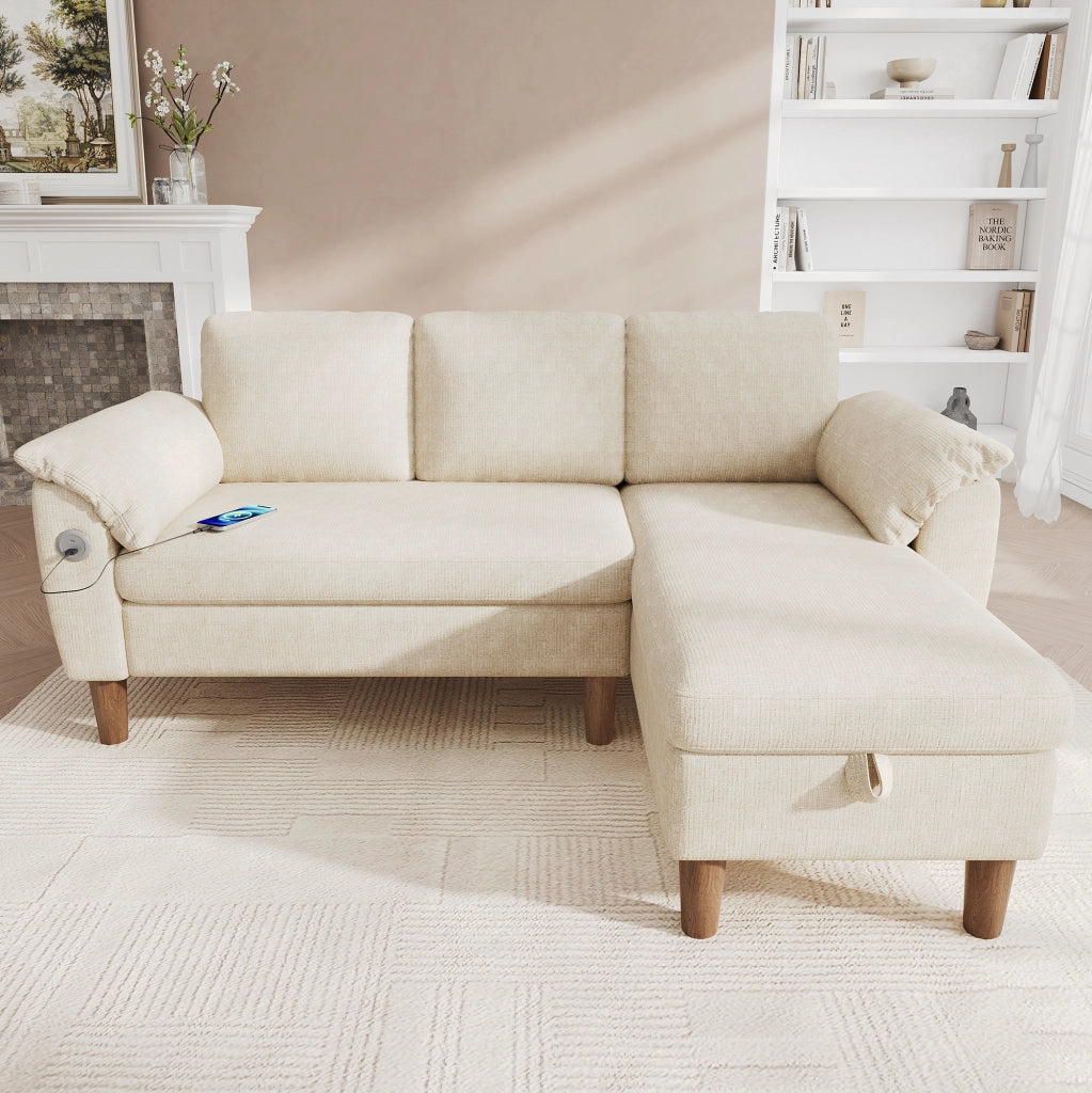 Divano angolare a L 181x125x88 cm con penisola reversibile; contenitore; USB/Type-C; chenille beige