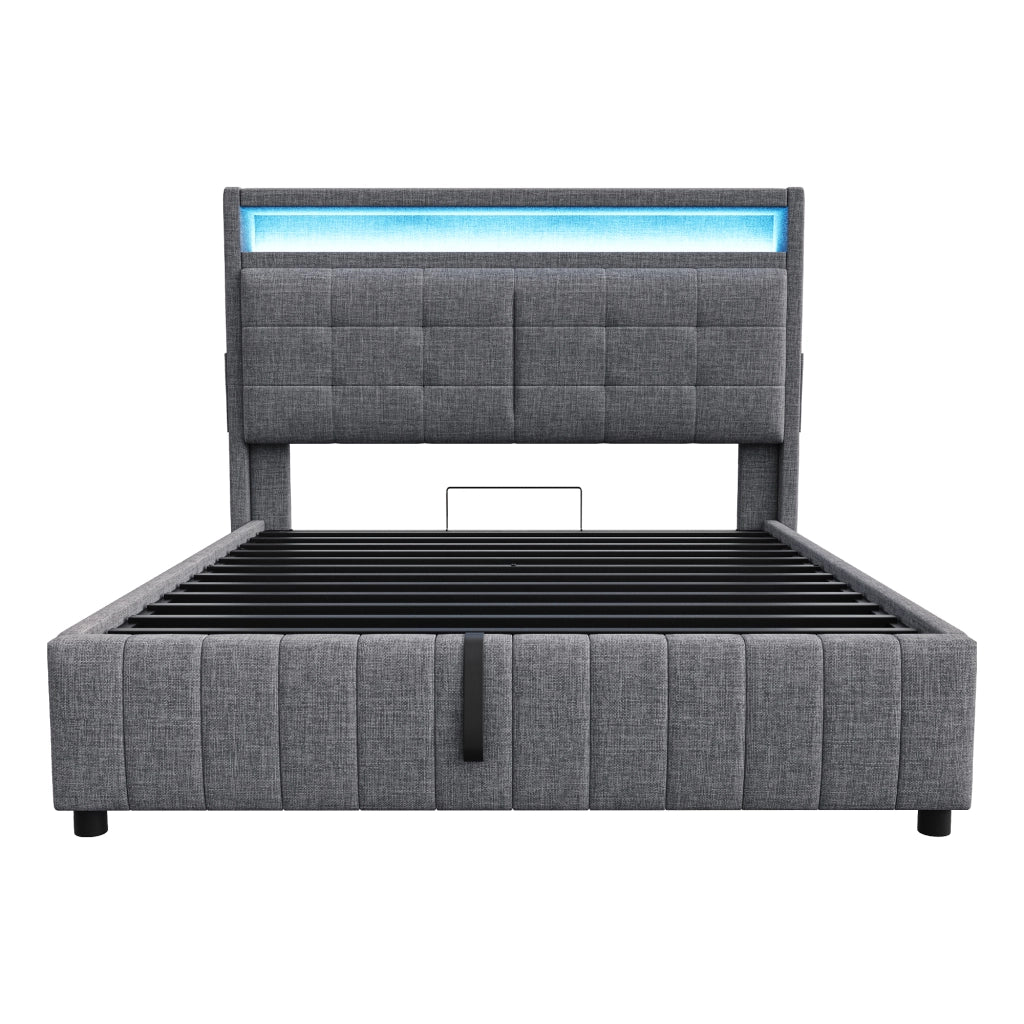 Letto Contenitore; Letto Matrimoniale 160x200 cm; USB; LED e Ripiani - Grigio