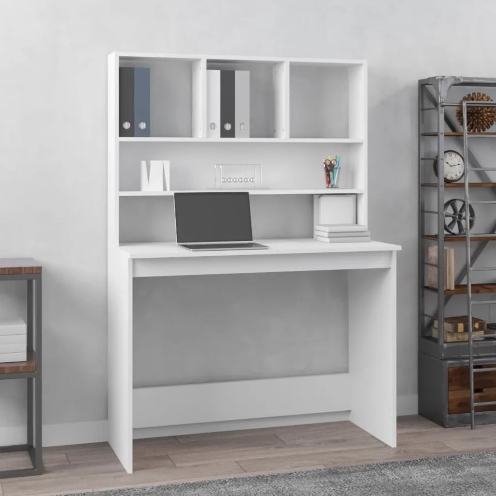 Scrivania | Tavolo da Ufficio con Mensole Bianca 102x45x148 cm in Legno Multistrato