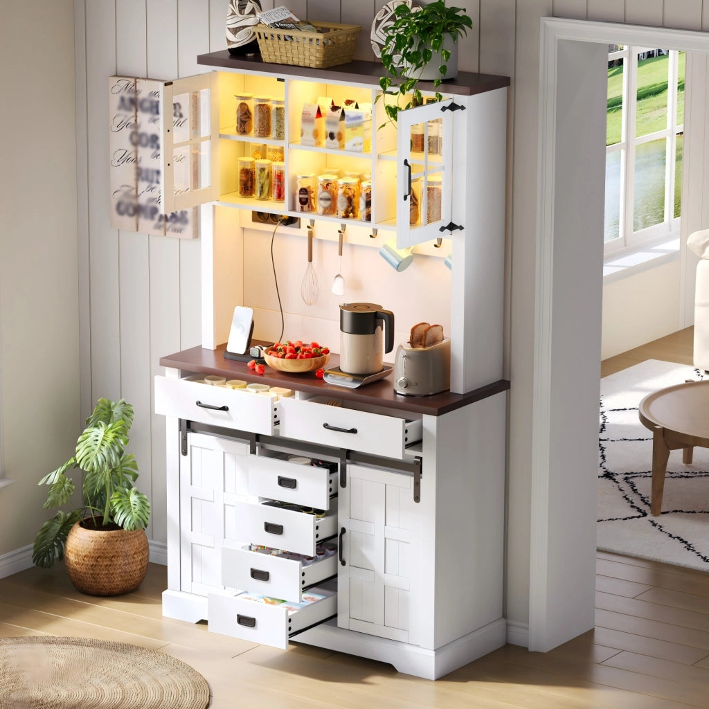 Credenza alta con LED RGB, 2 ante scorrevoli e 6 cassetti, per cucina e soggiorno, bianco, 108 × 40 × 180 cm