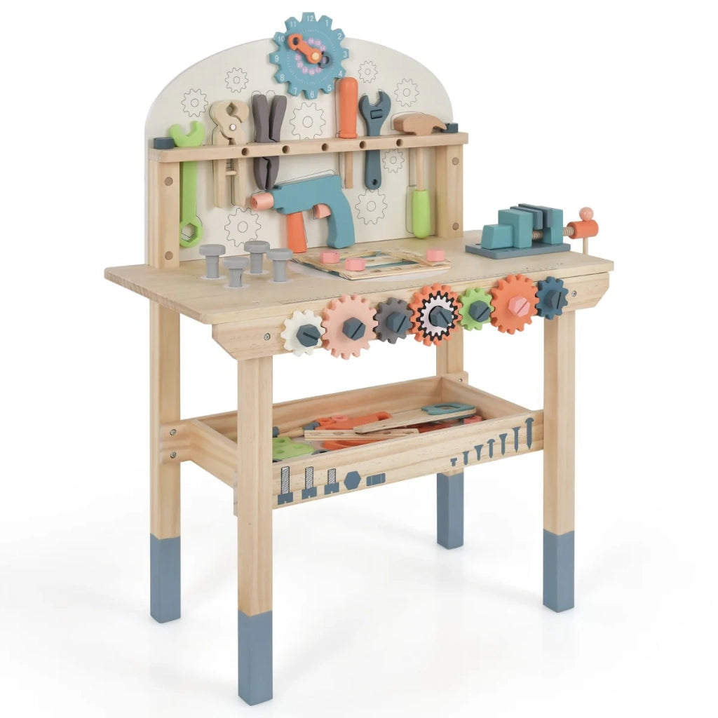 Banco da lavoro in legno per bambini 60 x 30 x 79 cm giocattolo fai-da-te con 8 attrezzi in legno e ripiano portaoggetti multicolore 20_0019987