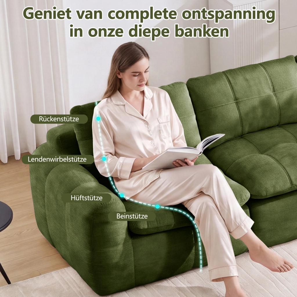 Divano modulare 2 posti in chenille verde 194x97x68 cm; seduta profonda; senza montaggio
