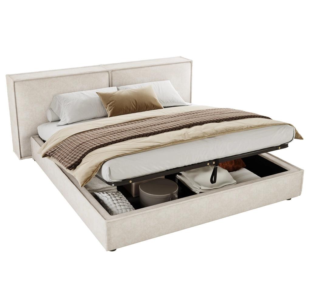 Letto matrimoniale 180x200 cm con contenitore idraulico; testiera imbottita in chenille beige