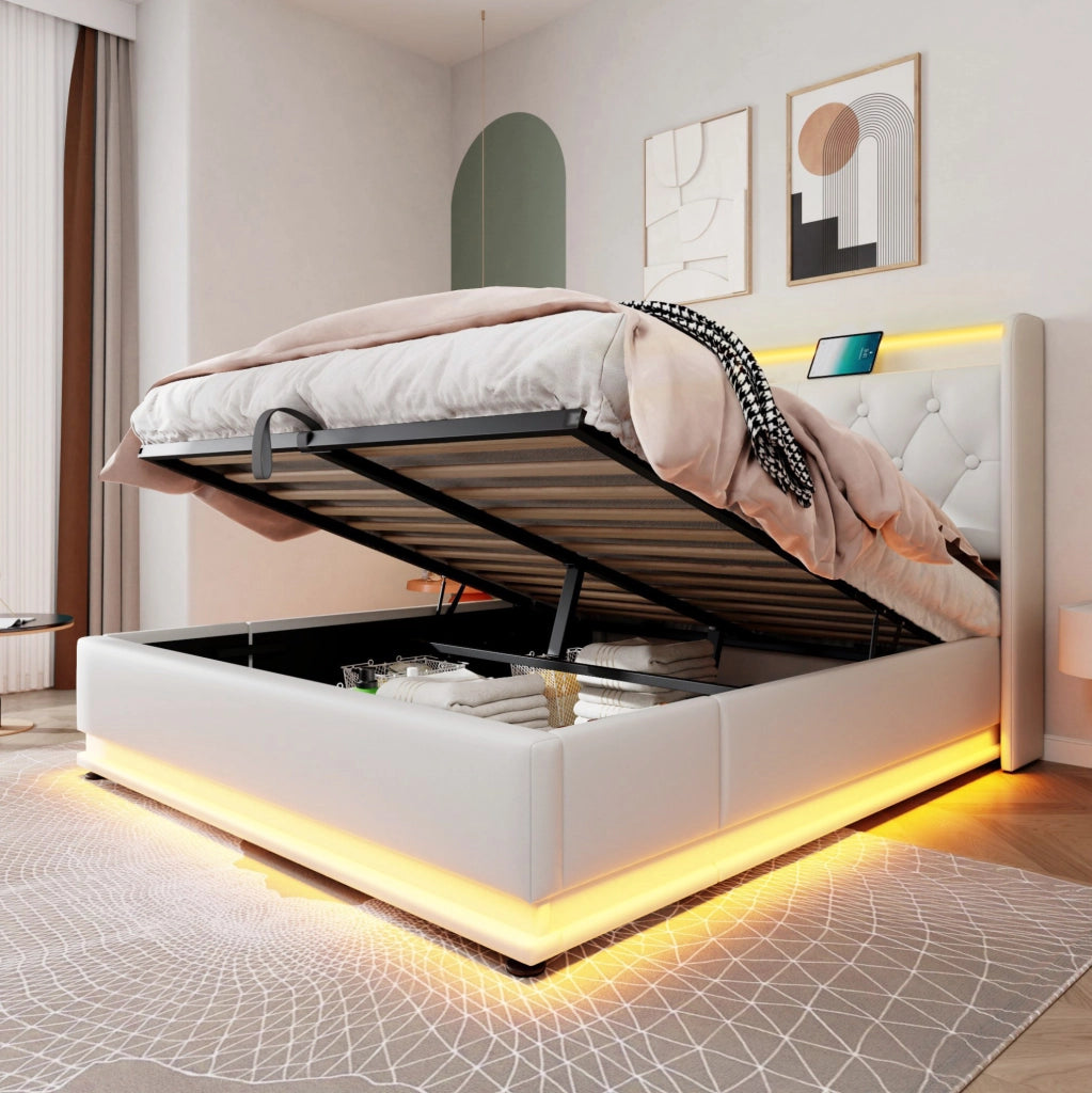 Letto matrimoniale imbottito 140x200 cm in PU bianco con LED 360掳; USB-C e contenitore idraulico