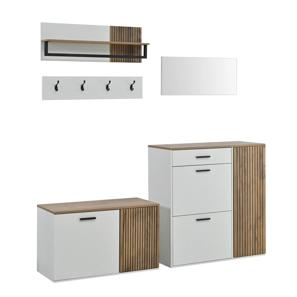 Composizione ingresso 5 pezzi con scarpiera; panca; specchio e 4 ganci; bianco e rovere