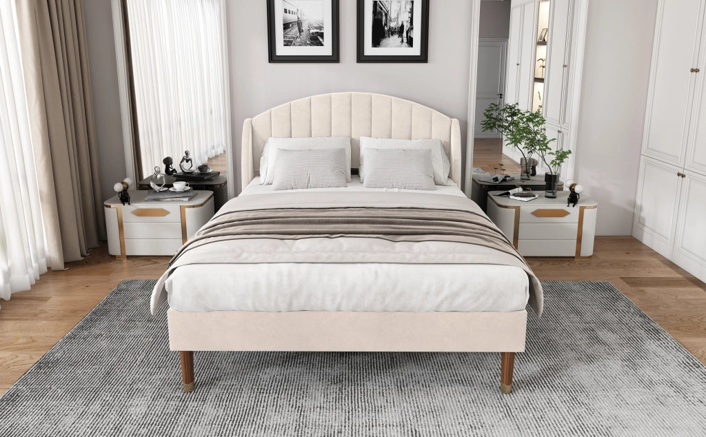 DESMIU Letto Imbottito 140 × 200 cm 2 Posti con Testiera Imbottita, senza Materasso, in Velluto Beige