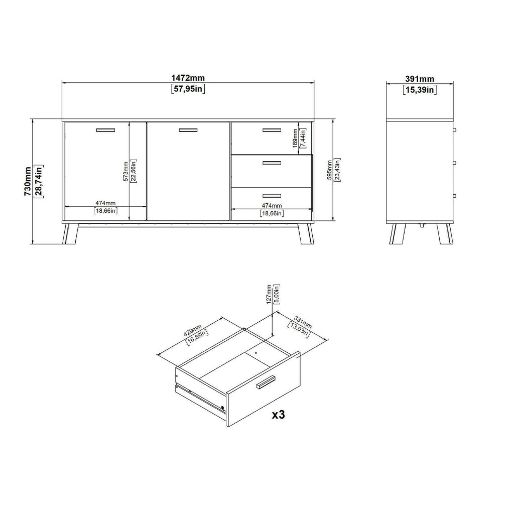 Credenza Pepito, Buffet da soggiorno, Madia da salotto, Dispensa da cucina, 147x39 h73 cm, Rovere e Bianco