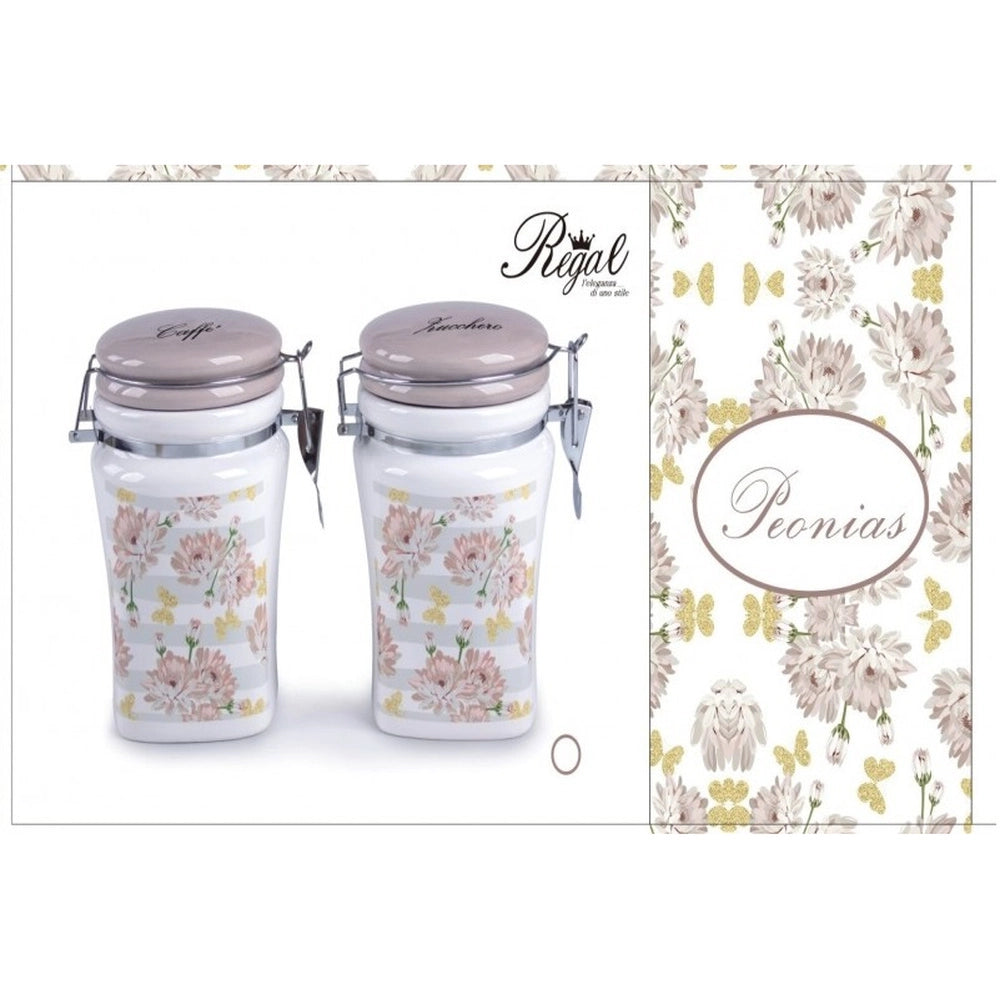 Set 2 Bis Barattoli da Cucina in Ceramica Sale Fino e Sale Grosso Decoro Peonias