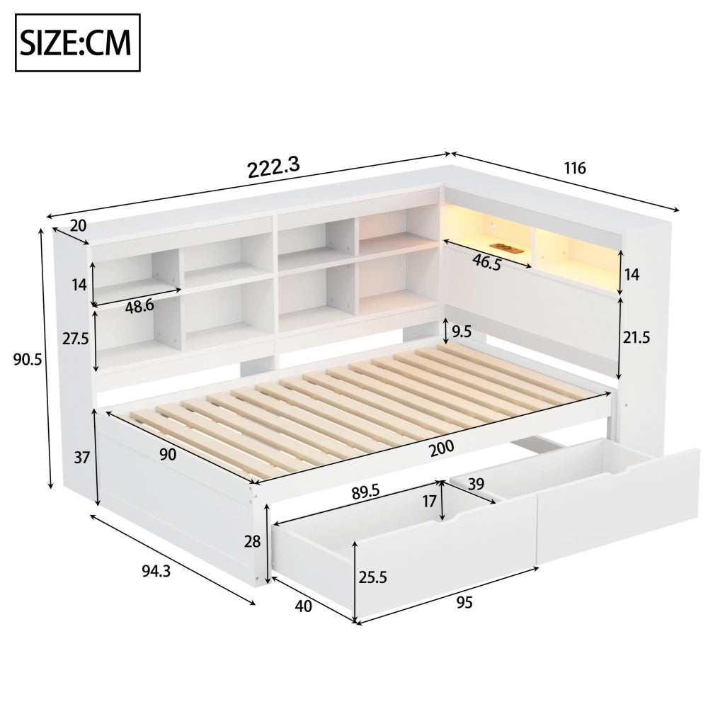 Letto da giorno ULEVR 90x200 cm con cassetti, ripiani, LED multicolore e presa USB, bianco