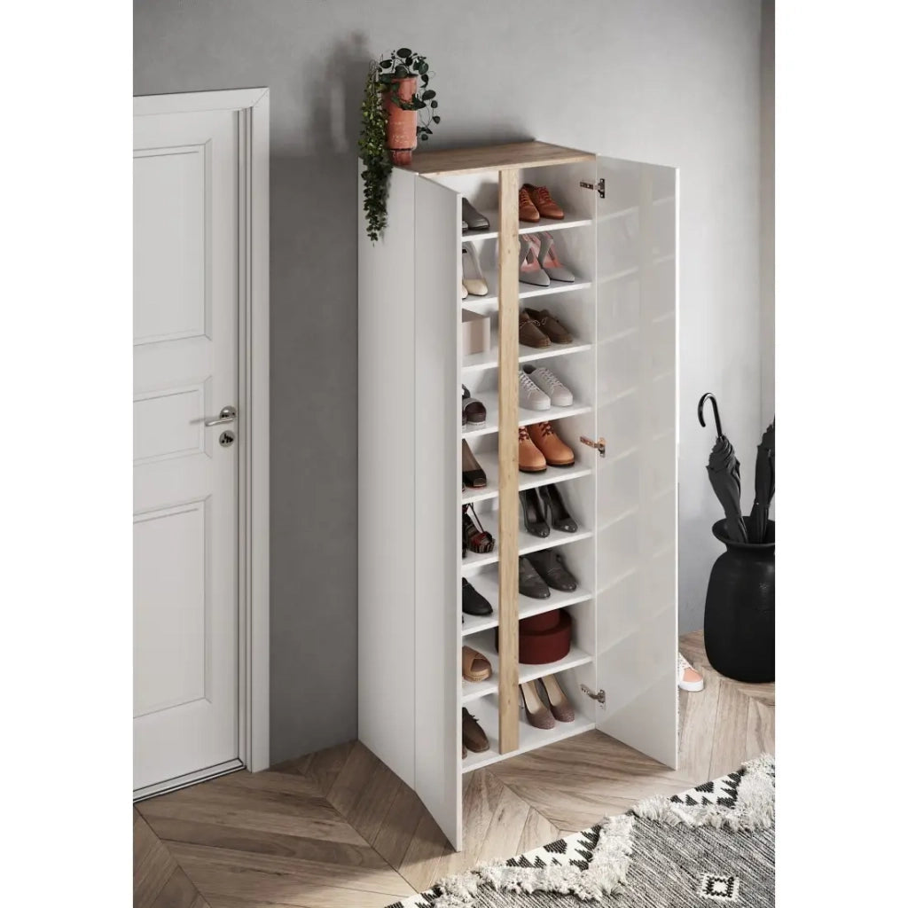 Mobile per scarpe con 8 ripiani regolabili, collezione KEY, colore bianco lucido laccato e quercia cadiz.