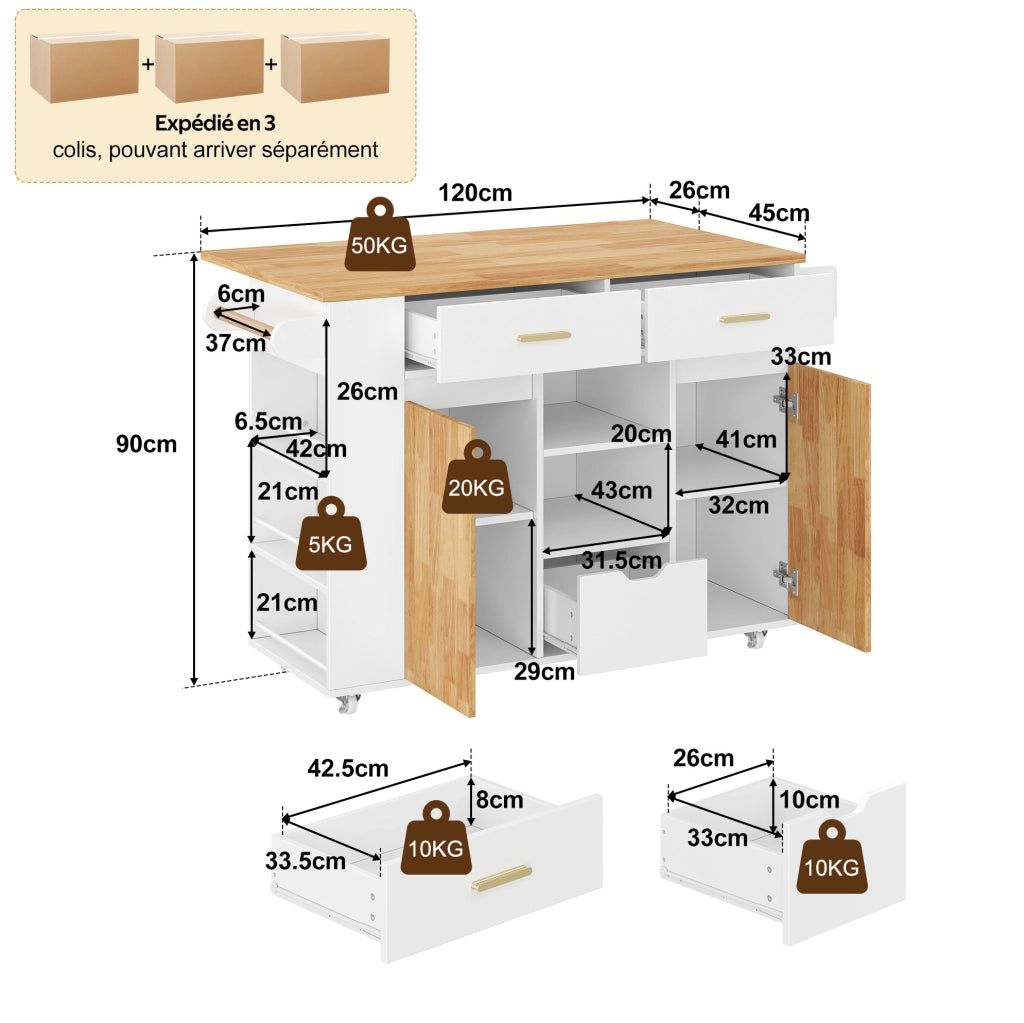 Isola cucina mobile con piano pieghevole; 3 cassetti; ripiani laterali e ruote bloccabili; 120x45(71)x90 cm