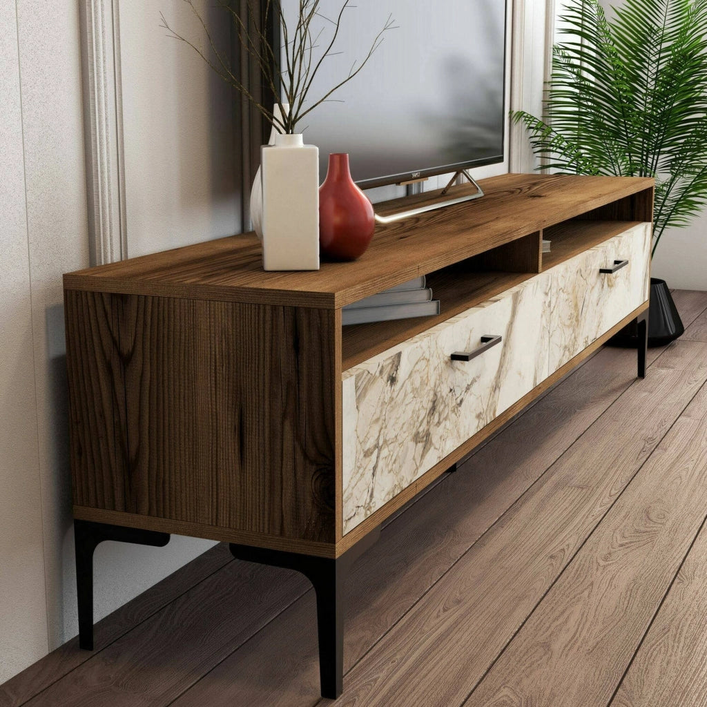 Parete attrezzata Oho, Composizione soggiorno, Mobile salotto multiuso, Armadio porta TV, 180x35h47 cm, Noce e Bianco Marmo