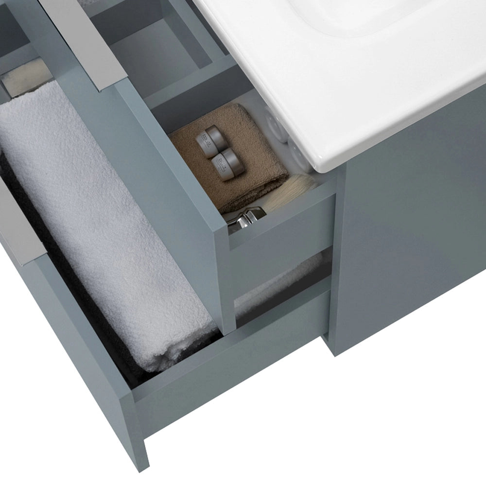 Mobile bagno sospeso 60cm azzurro polvere con cassetti lavabo e specchio Elva