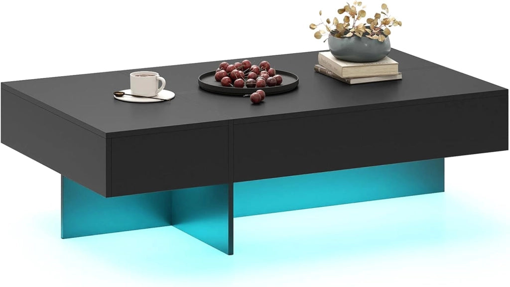 Tavolino da Salotto Moderno, Tavolino da Caffè con Luci LED Regolabili, 3 Cassetti e Telecomando, Tavolo Basso Rettangolare per Soggiorno, Studio e Ufficio, 120 x 70 x 35 cm (Nero)
