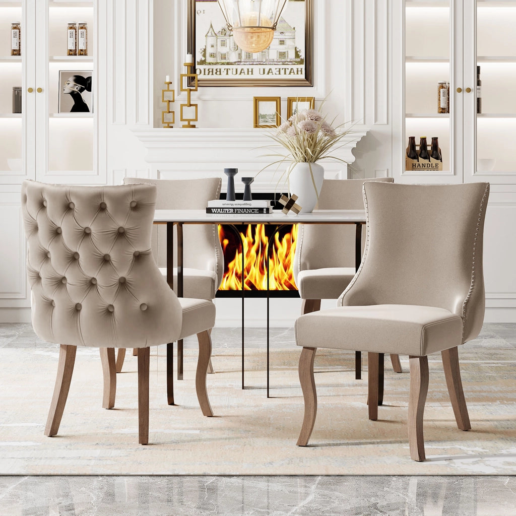 Sedie da Pranzo Imbottite in Velluto ¨C Xylo ¨C Beige, Gambe in Legno Massello, Set 4 Pezzi