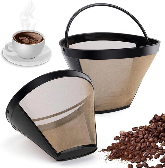 Set di 2 Filtro Permanente a Caffè Giallo per 6-8 Tazze - Filtro a Caffè in Acciaio Inossidabile con Mandrino a Maglia e Manico - Adatto per 8-12 Tazze di Caffè - Dimensione del Filtro 4 - Lavo con Detergente