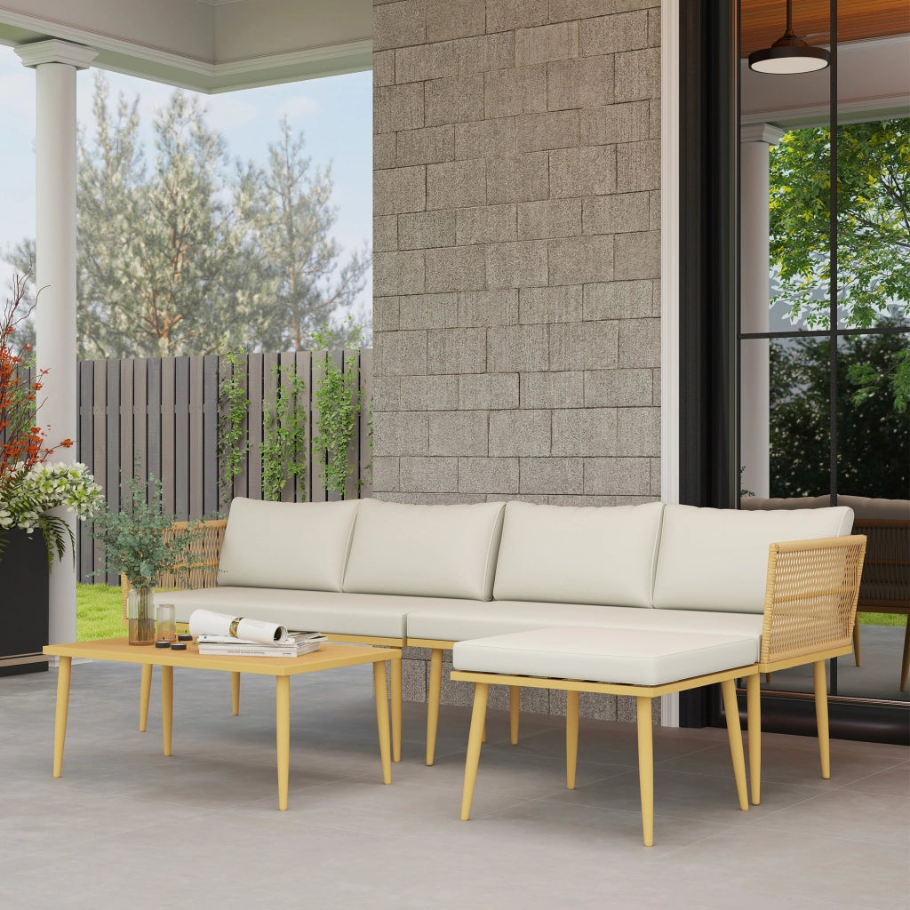 Set divano esterno 5 posti in polyrattan ¨C zephmum ¨C beige con cuscini, tavolino e pouf
